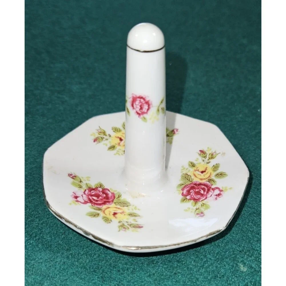 Vintage Ring Holder Dish Trinket Bone China Pink Roses Yellow Flowers